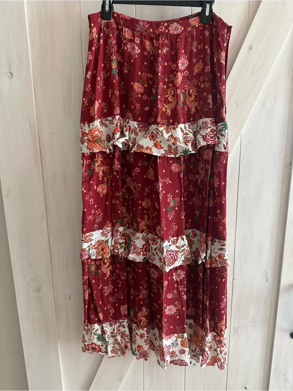 FARM Rio Burgundy Floral Tiered Maxi Skirt with Cream Floral Bands - Picture 1 of 1